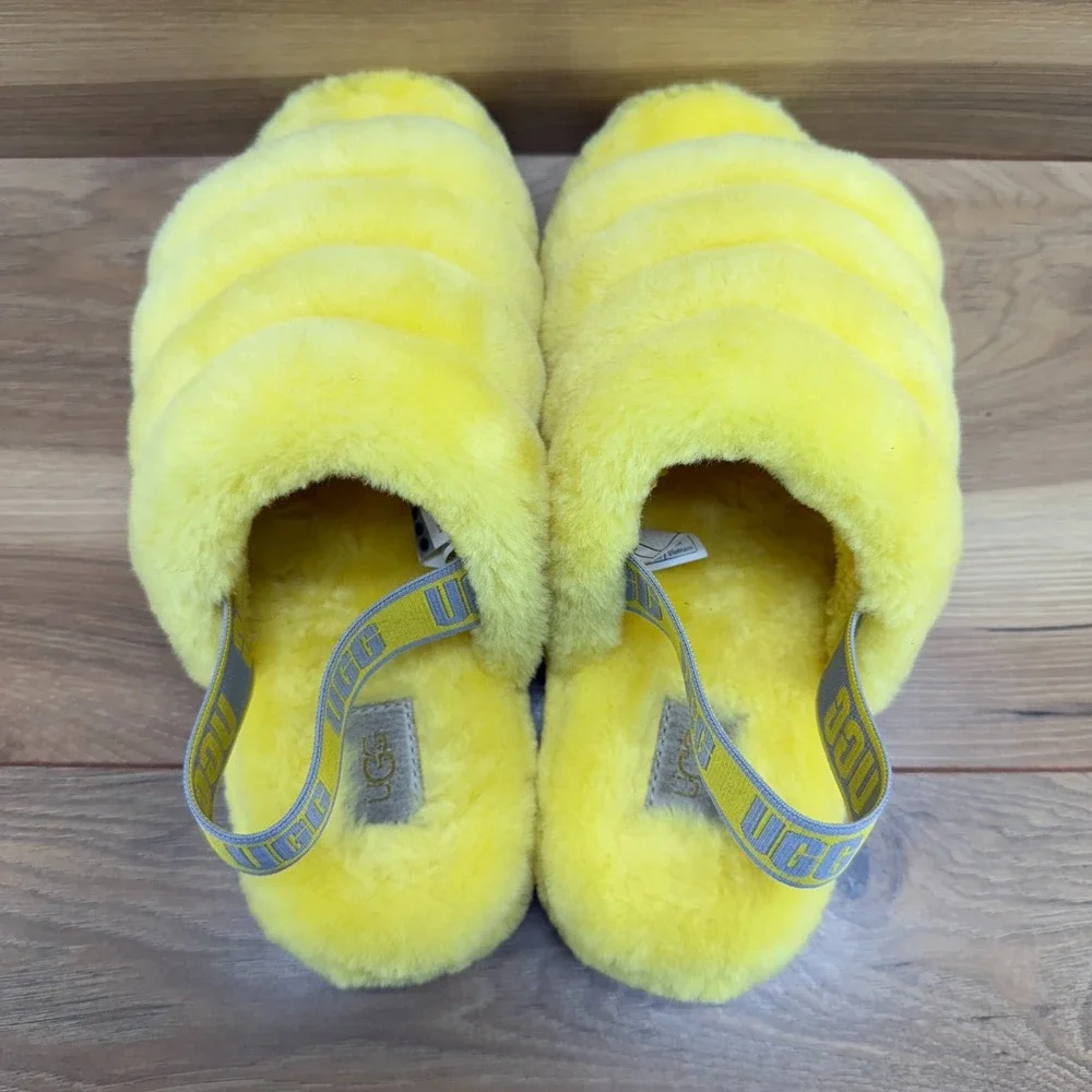 UGG Fluff Yeah Slingbacks Youth Big Girls Size 5 Yellow Shearling fur Slippers